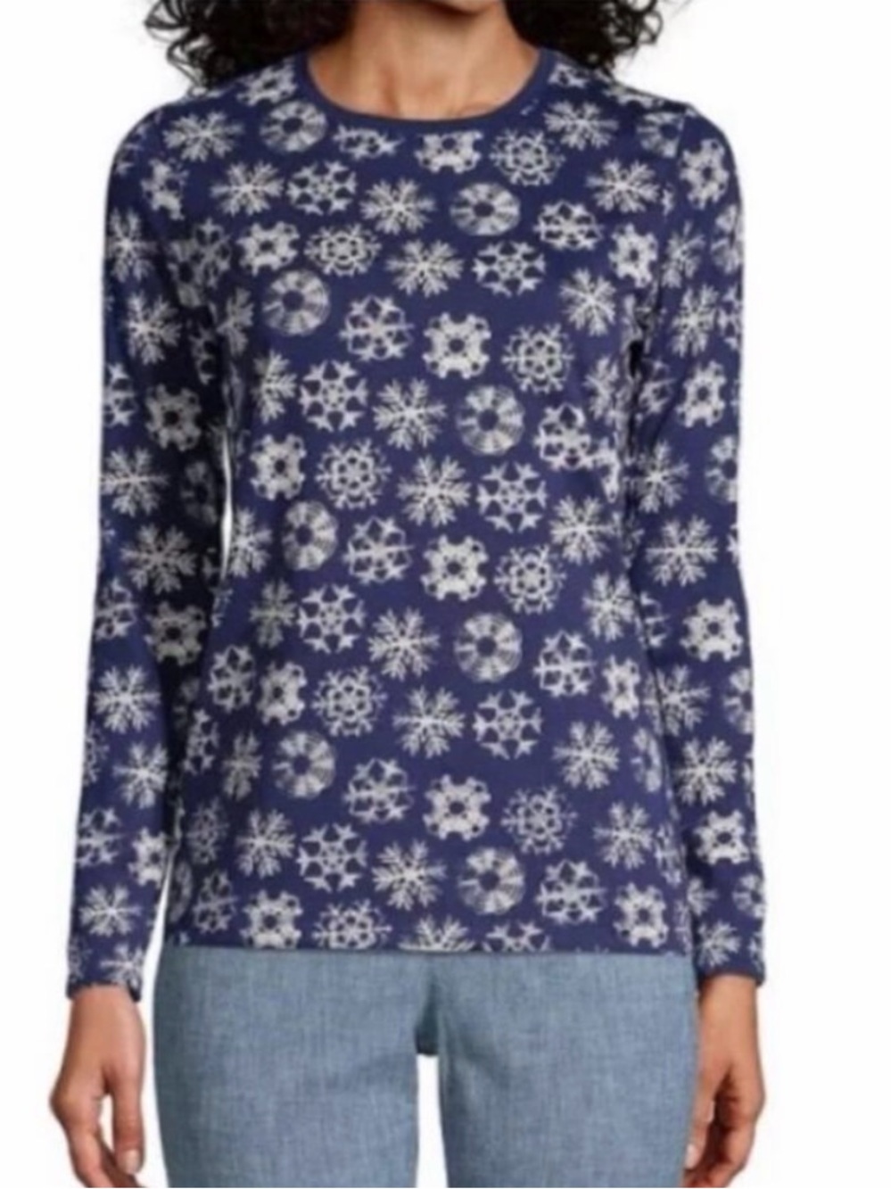 Lands End Blue Snowflake Print Long Sleeve Top